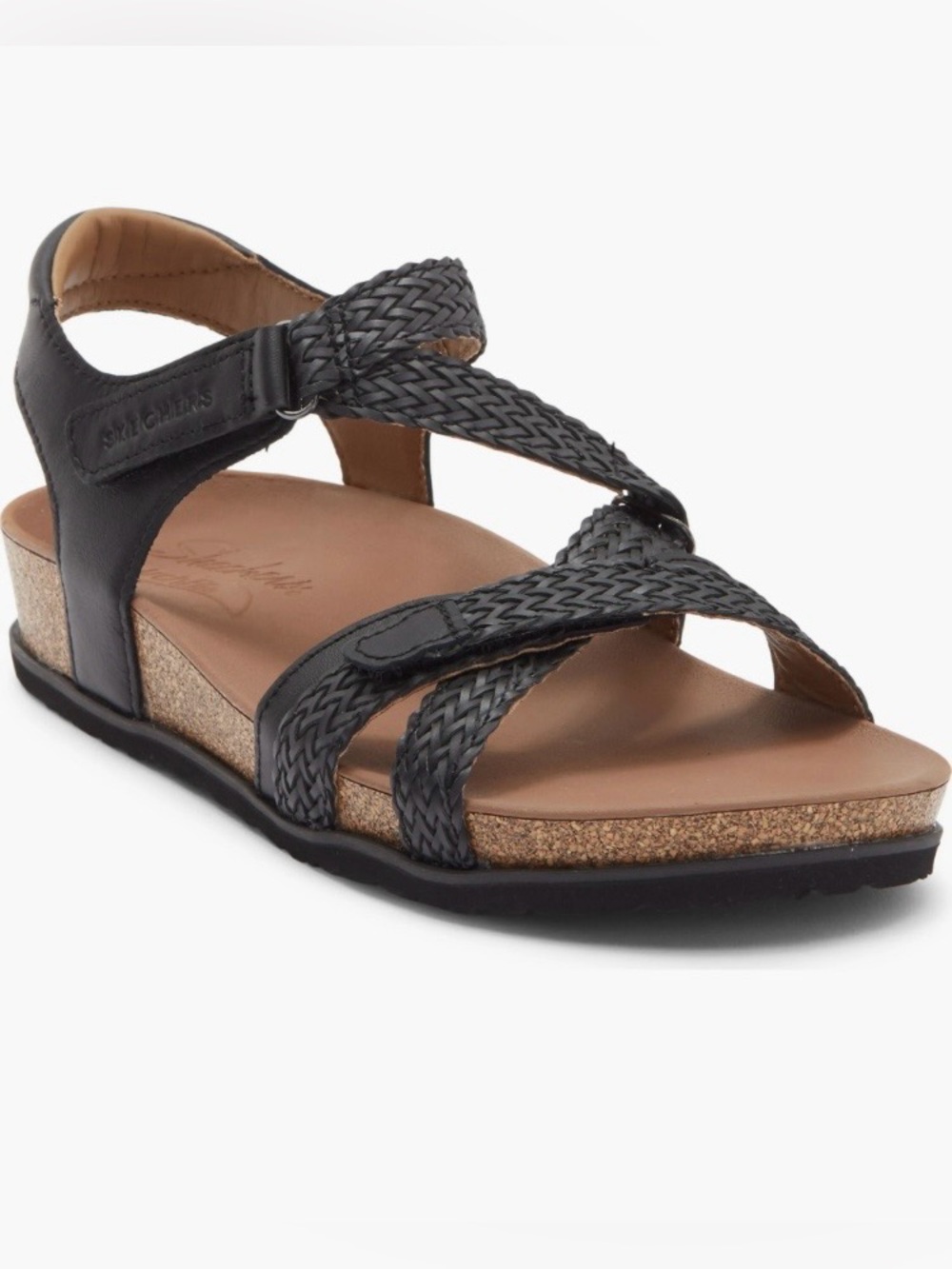 Skechers Arch fit Women's Black Braided Cork-Style Wedge Sandal. Sz 7. NWT